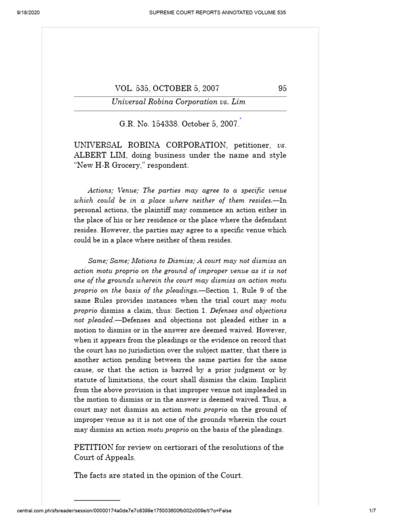 Universal Robina Corp. vs. Lim Case Summary | PDF | Complaint | Venue (Law)