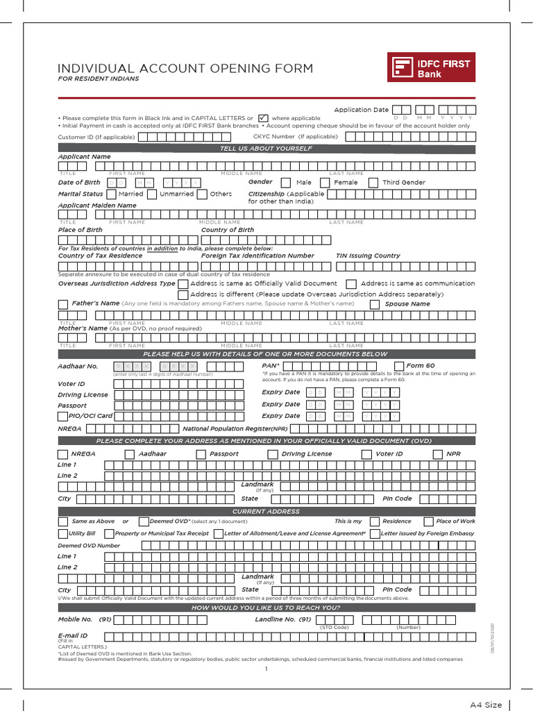 Idfc first savings account form v14 pdf banks financial services