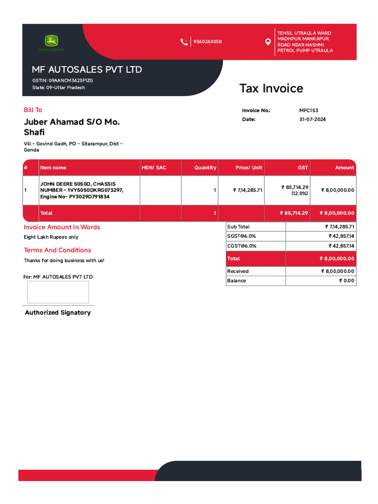 Invoice MFC-153 for John Deere 5050D | PDF
