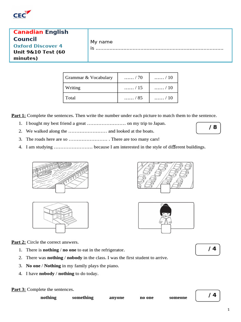 Oxford Discover 4 Unit 9 & 10 Test | PDF | Syntax | Linguistic Morphology