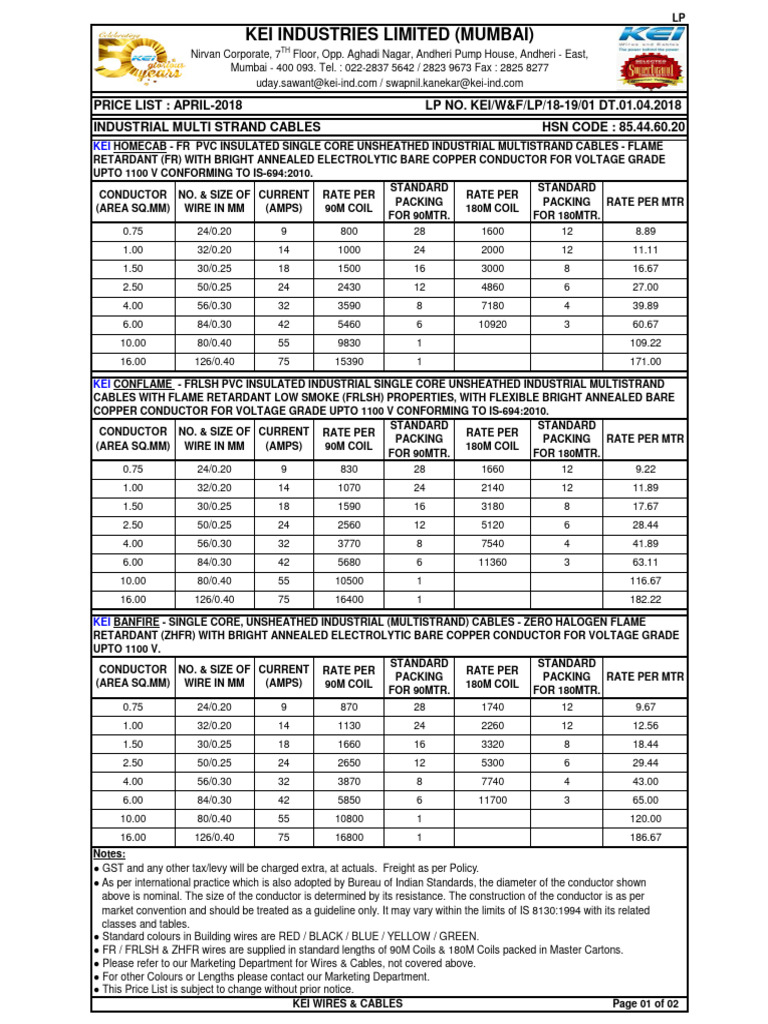 KEI Wire & Cable Price List 2025 | PDF | Electrical Conductor | Wire