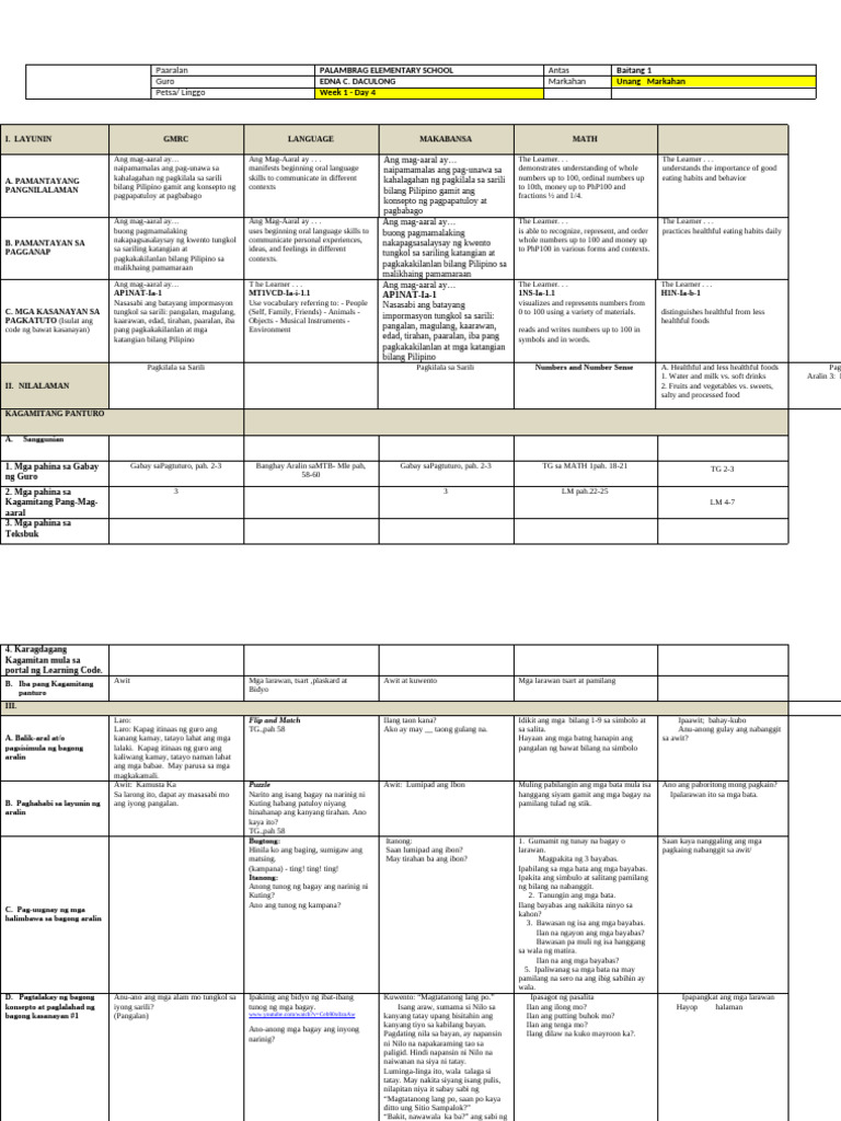Grade 1 DLL All Subjects Q1 Week 1 Day 4 | PDF