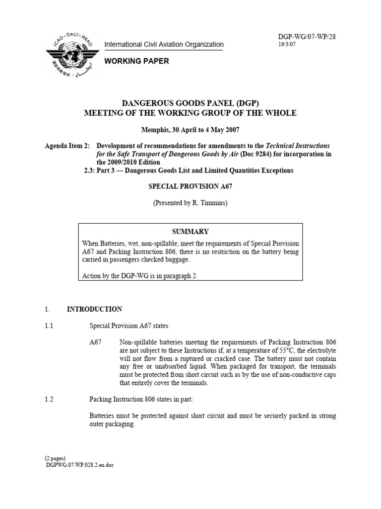 Special Provision A67 for Non-Spillable Batteries | PDF | Dangerous ...