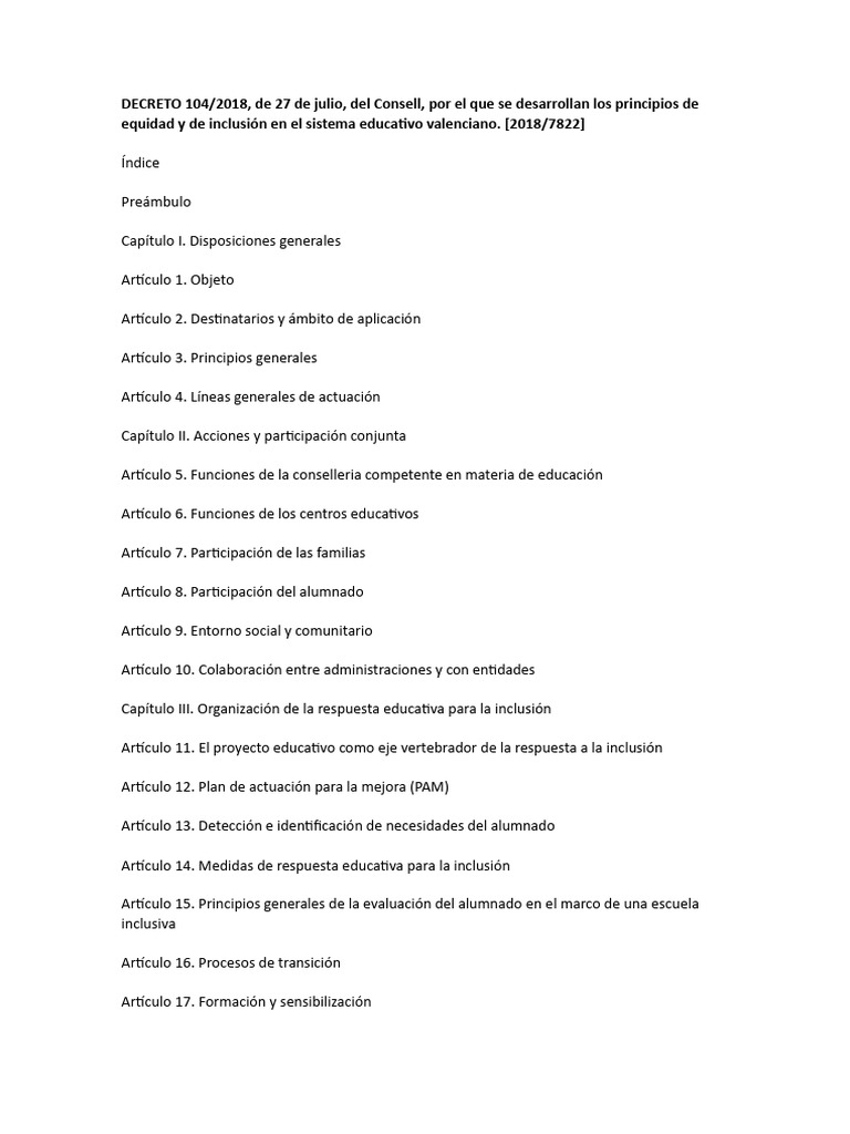 TEMA 5 Decreto 104.2018 Del 27 de Julio | PDF | Inclusión (Educación ...