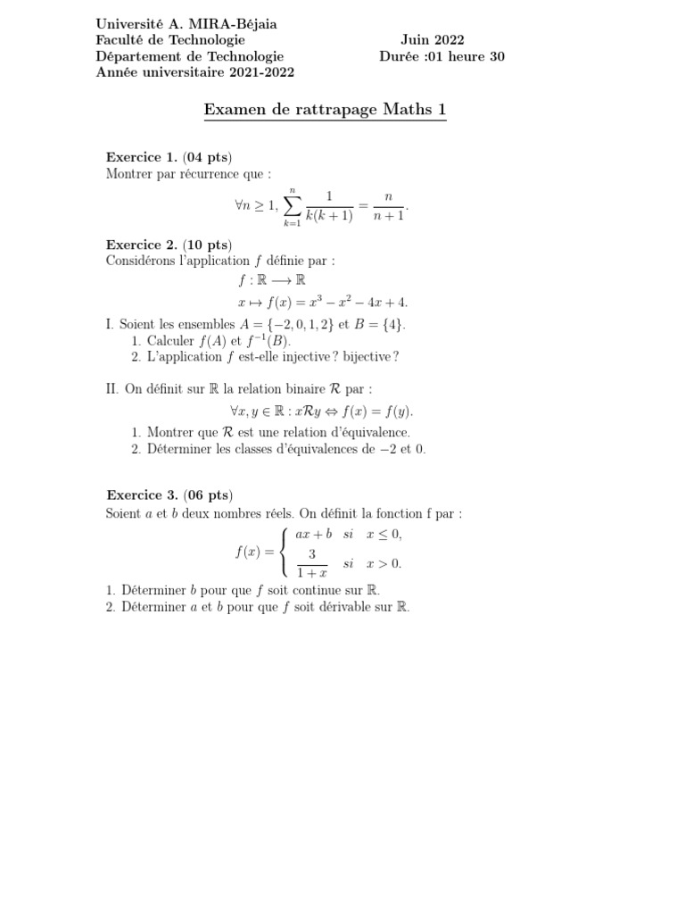 Examen de rattrapage Maths 1 | PDF | Mathématiques | Fonctionnalités et ...