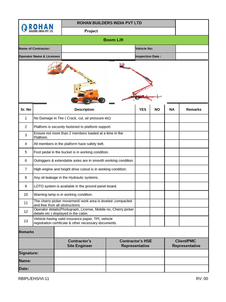 Boom Lift Safety Inspection Checklist | PDF