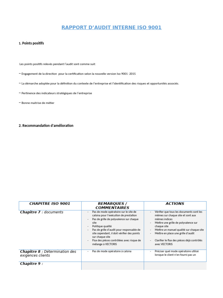 Rapport d'Audit Interne ISO 9001 | PDF