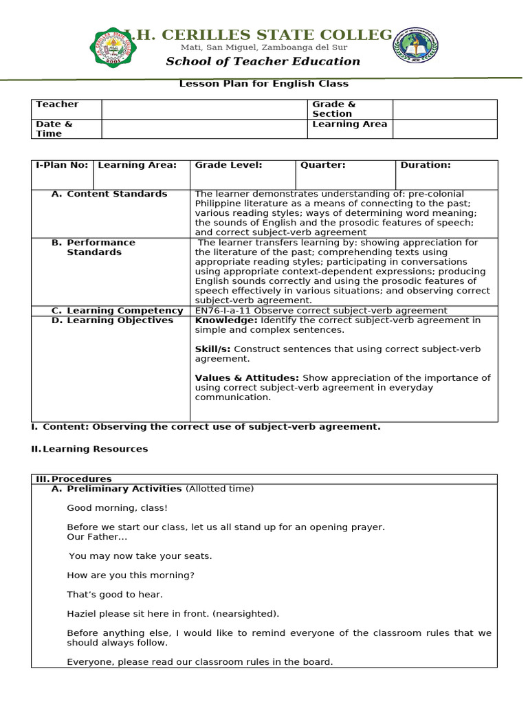 Subject-Verb Agreement Lesson Plan | PDF | Grammatical Number | Plural