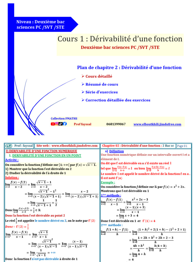 Dérivabilité et étude de fonction 2 Bac | PDF | Tangente (géométrie ...