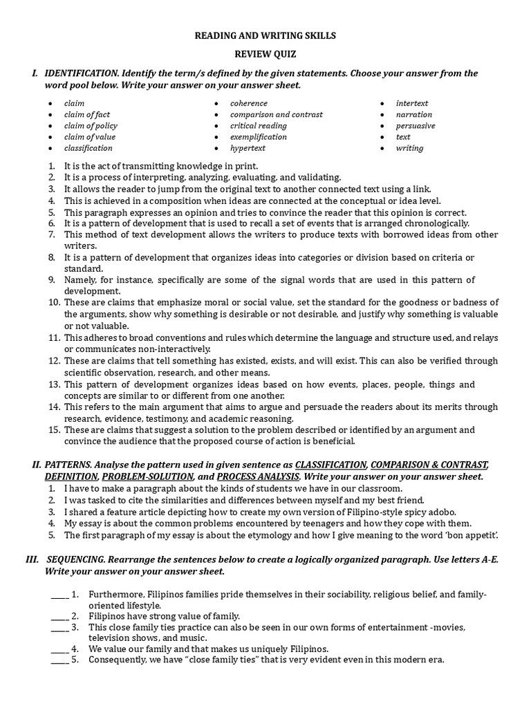 READING AND WRITING SKILLS Midterm Review Quiz | PDF | Argument | Essays