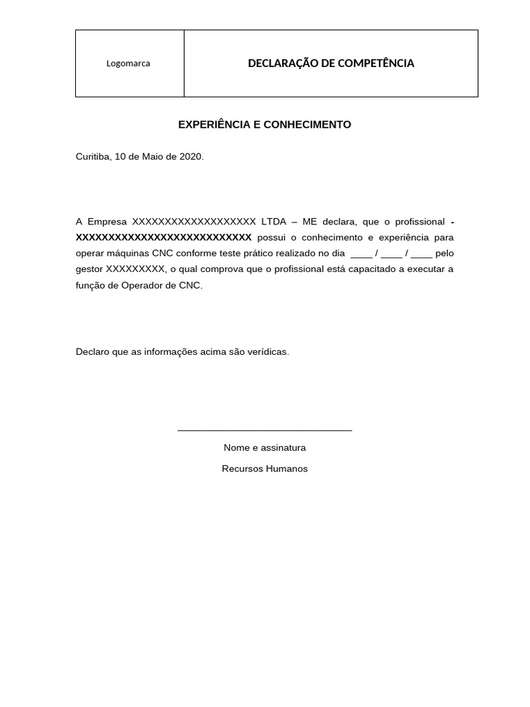 Declaração de Competência Operador CNC | PDF | Negócios