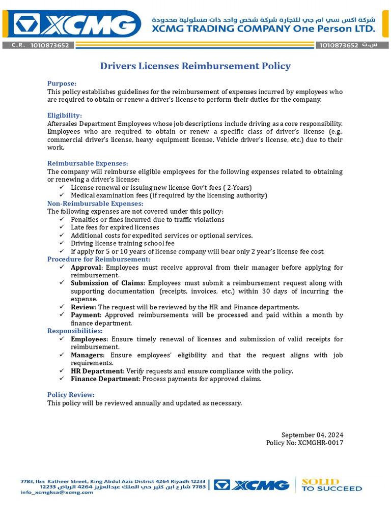 0017 Drivers License Payment Policy XCMG Hrpolices 29 20 | PDF | Business