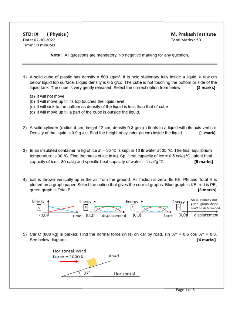 Physics Exam for 9th Graders | PDF | Force | Density