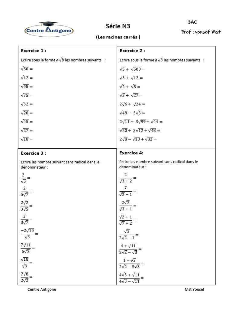 Exercices sur les racines carrées 3AC | PDF | Nombre | Mathématiques ...