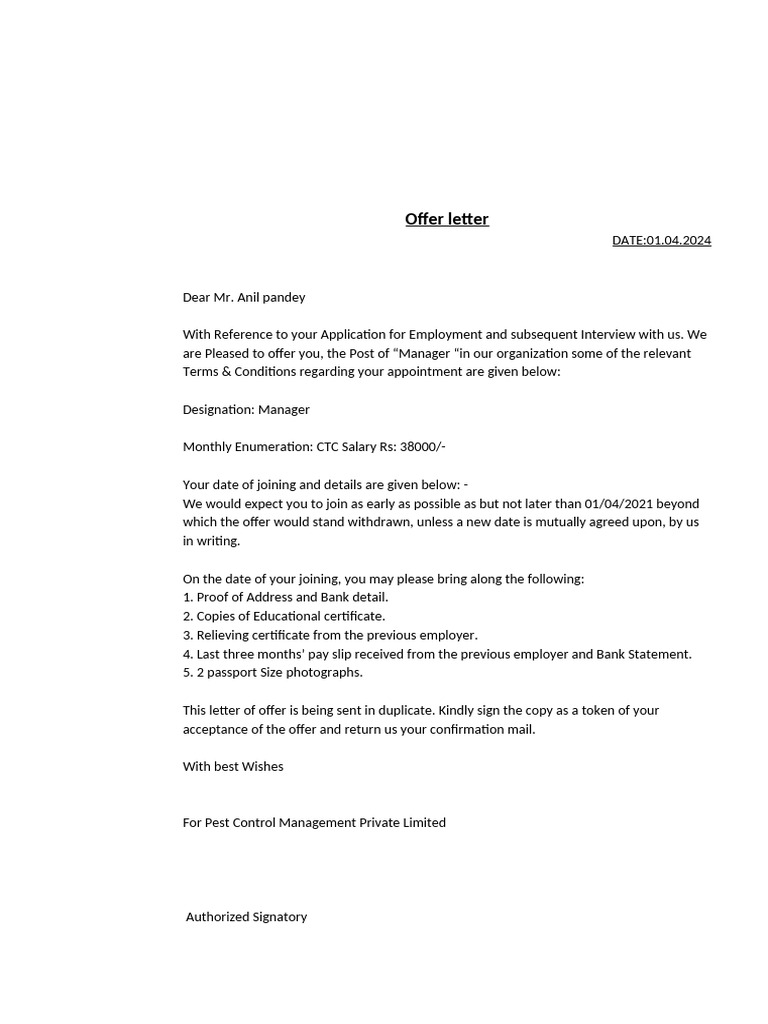 Job Offer Letter for Manager Position | PDF