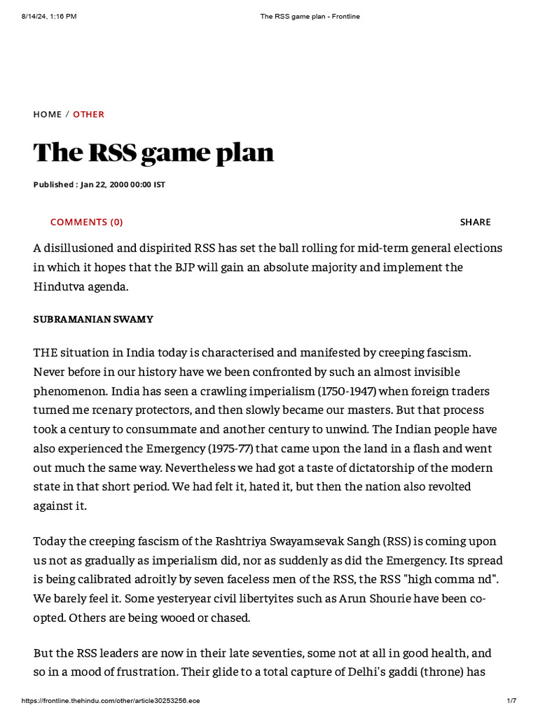 The RSS Game Plan - Frontline | PDF | Bharatiya Janata Party | Politics ...