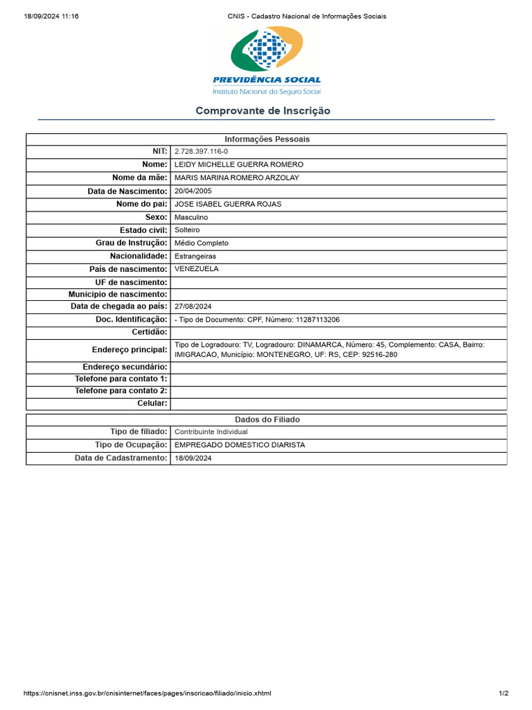 Comprovante de Inscrição CNIS INSS | PDF