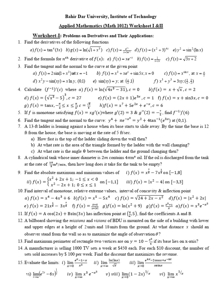 Derivatives and Integrals Worksheet | PDF | Geometry | Mathematics