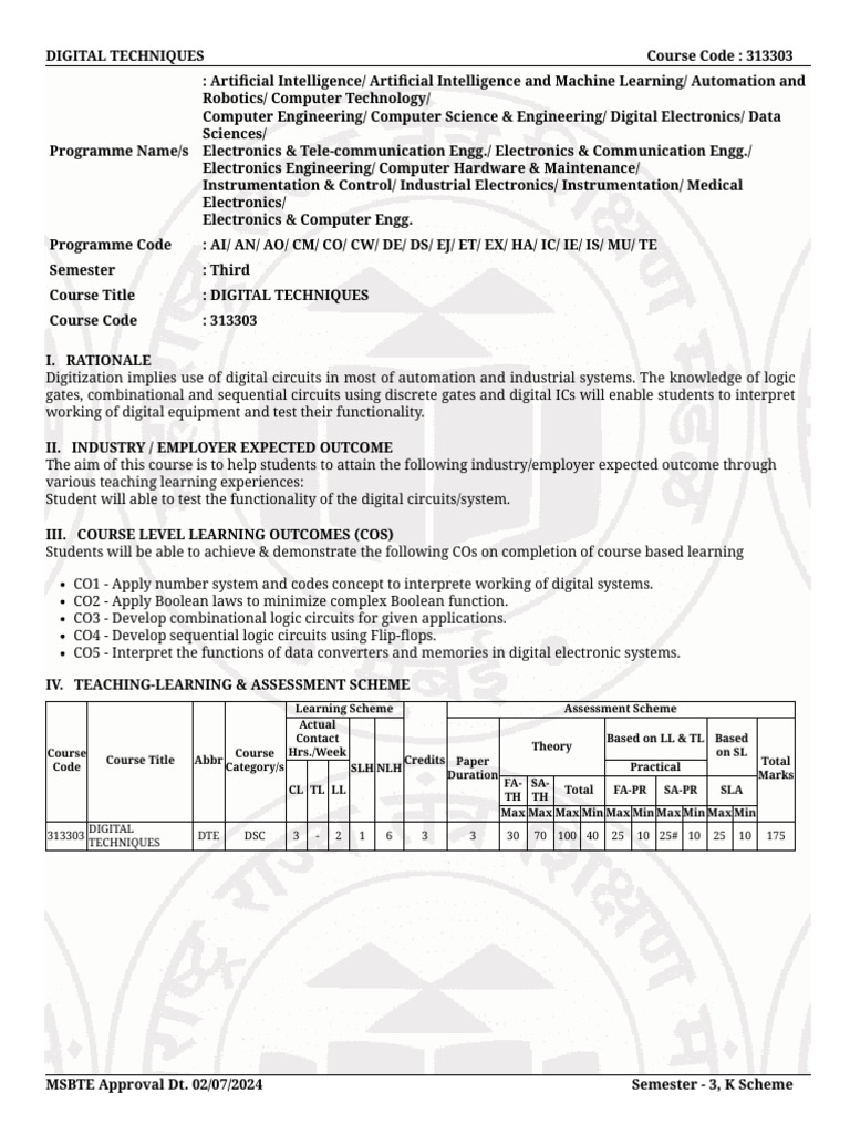 Digital Techniques Syllabus 313303 | PDF