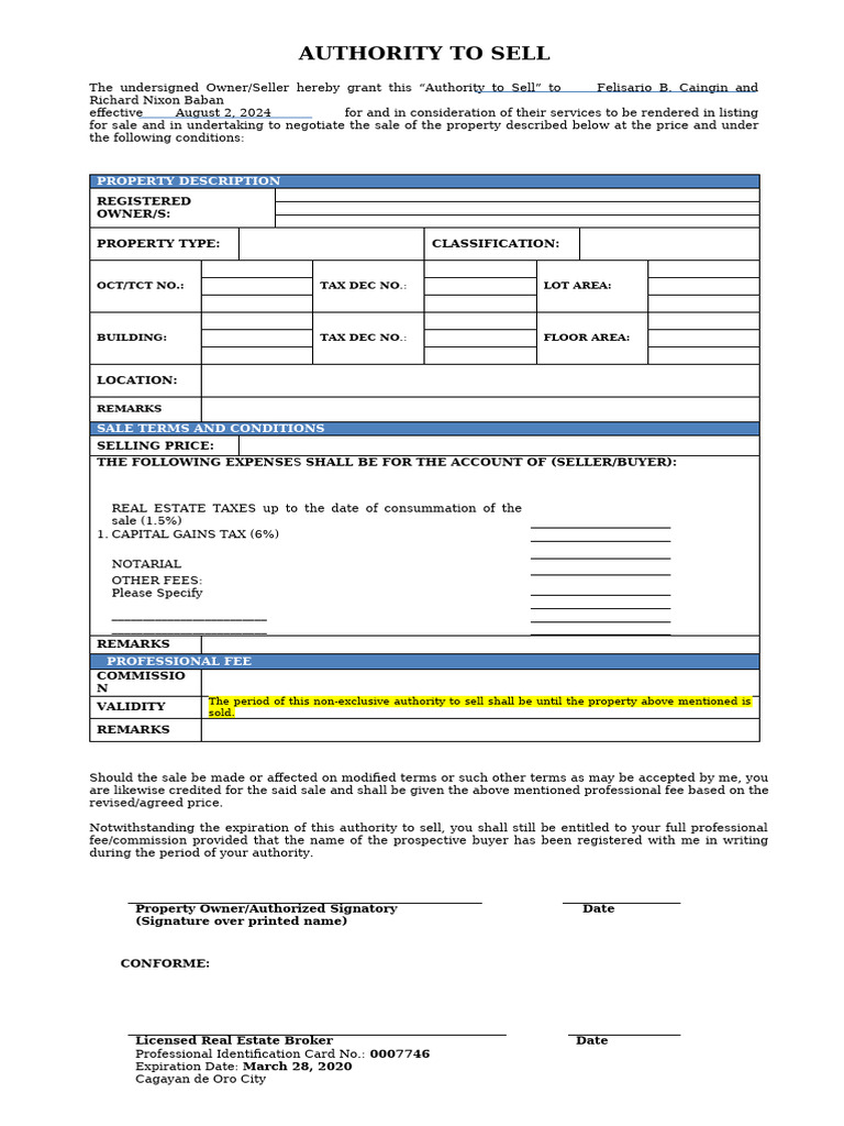 Authority to Sell Property Agreement | PDF | Business | Law