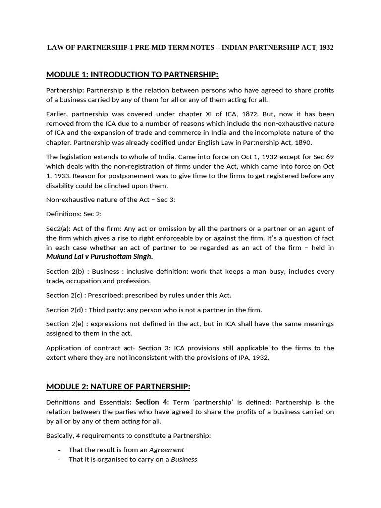 PARTNERSHIP PRE-MID NOTES | PDF | Partnership | Law Of Agency