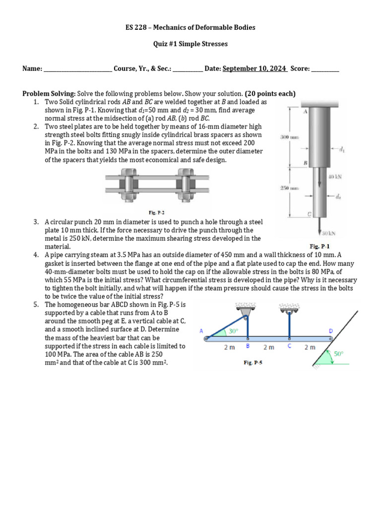 Quiz on Simple Stresses in Mechanics | PDF