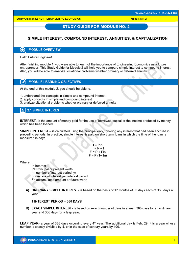 Engineering Economics Study Guide: Interest | PDF | Interest | Compound ...