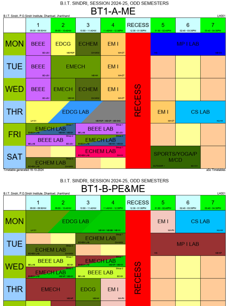 B.I.T. Sindri Odd Semester Timetable 2024 | PDF