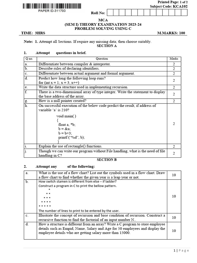 Mca 1 sem problem solving using c kca102 jan 2024 pdf pointer