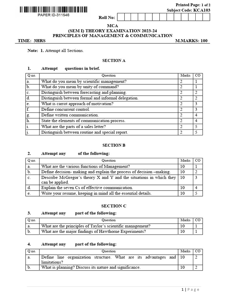 MCA Exam: Management & Communication Principles | PDF