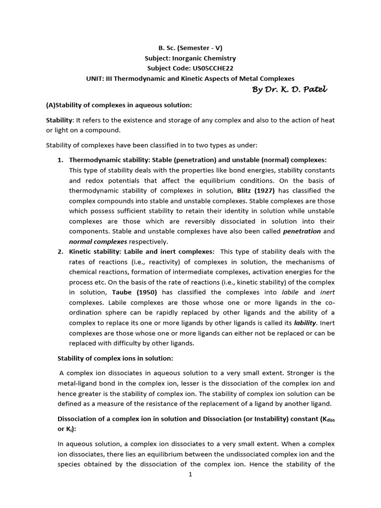 Stability of Metal Complexes in Solution | PDF | Coordination Complex ...