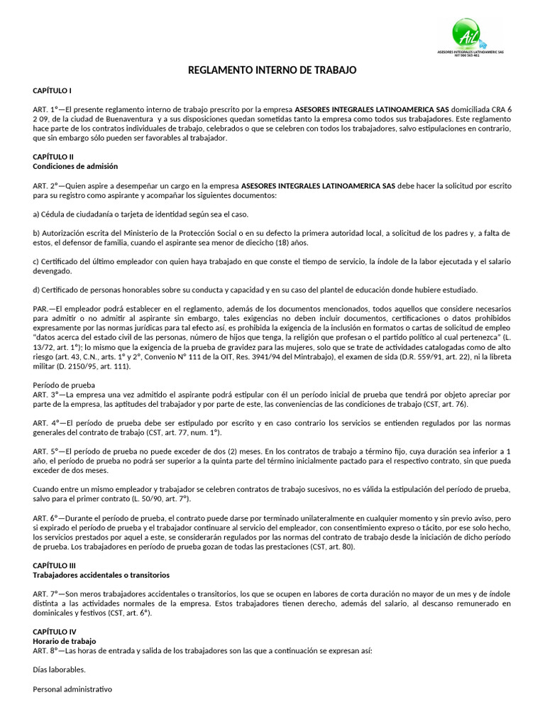 Reglamento Interno de Trabajo Ail | PDF | Salario | Derecho laboral