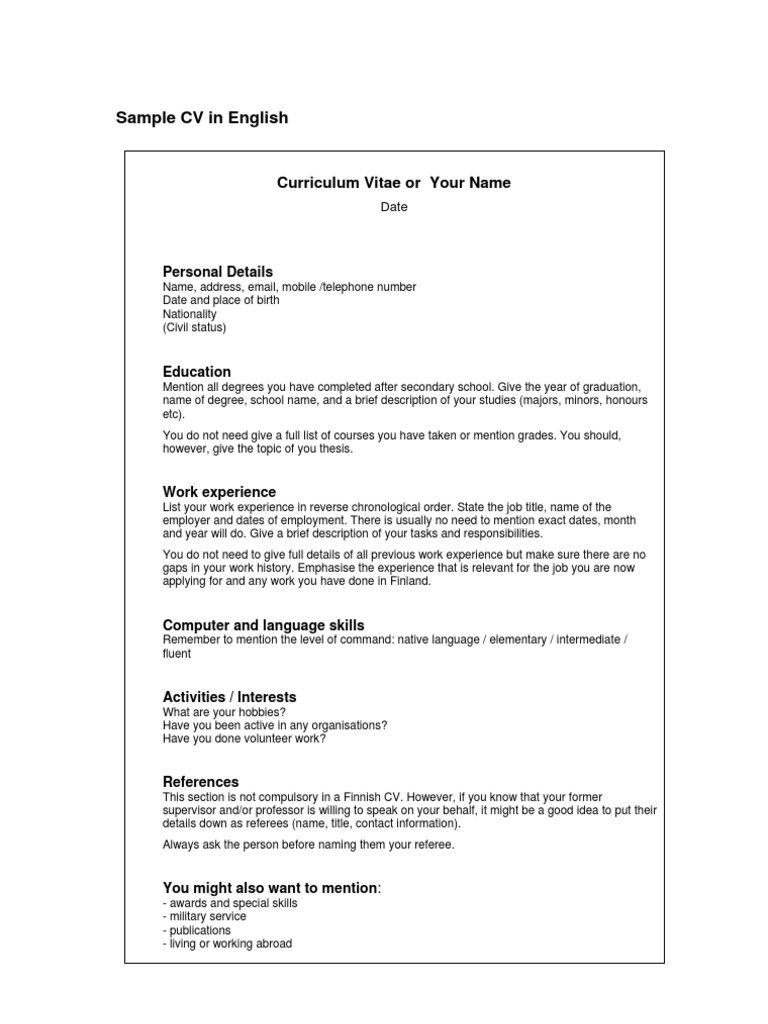 Sample Cv In English 1 Academic Degree Employment