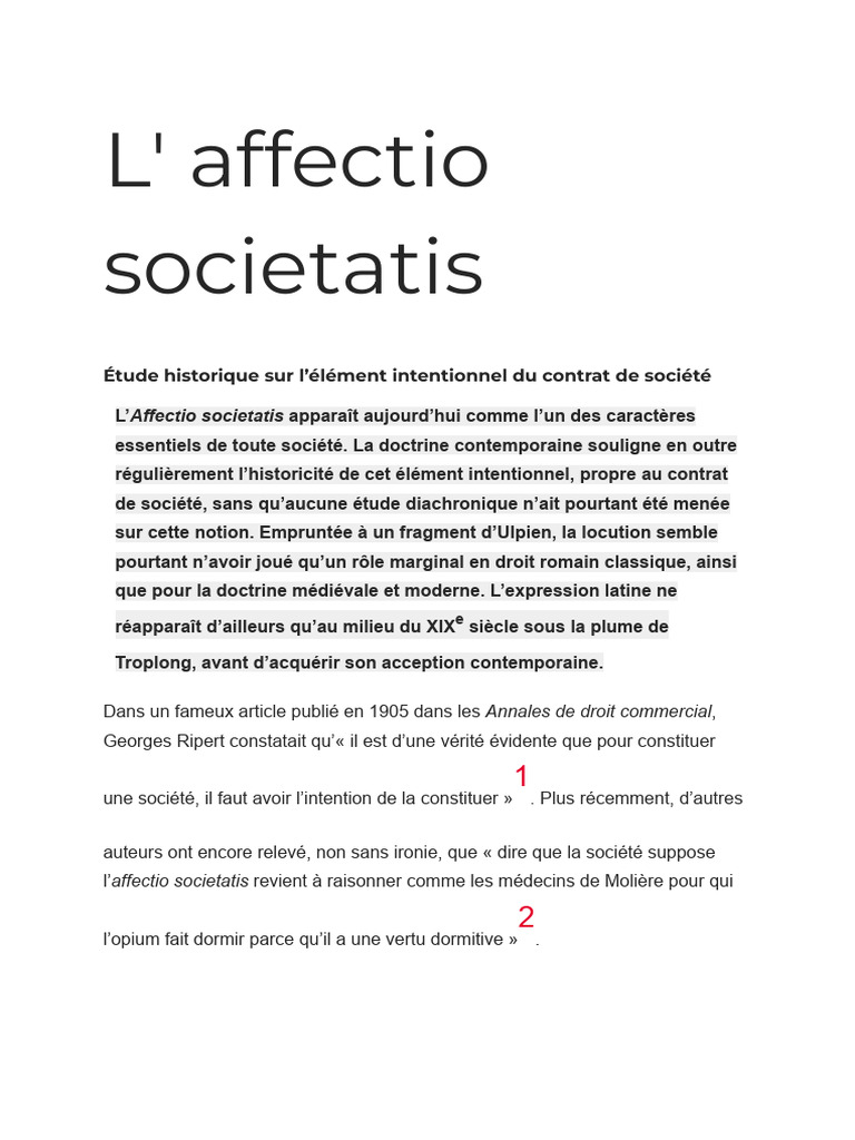 L'affectio societatis : étude historique | PDF | Assurance