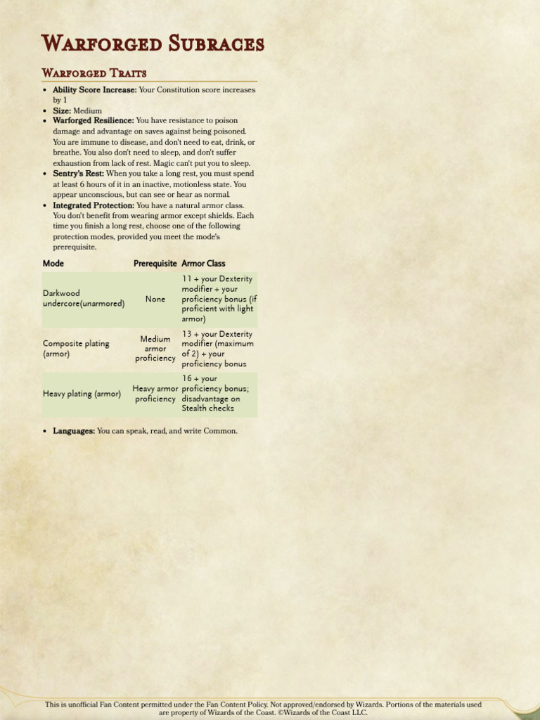 Warforged Subraces and Traits Guide | PDF