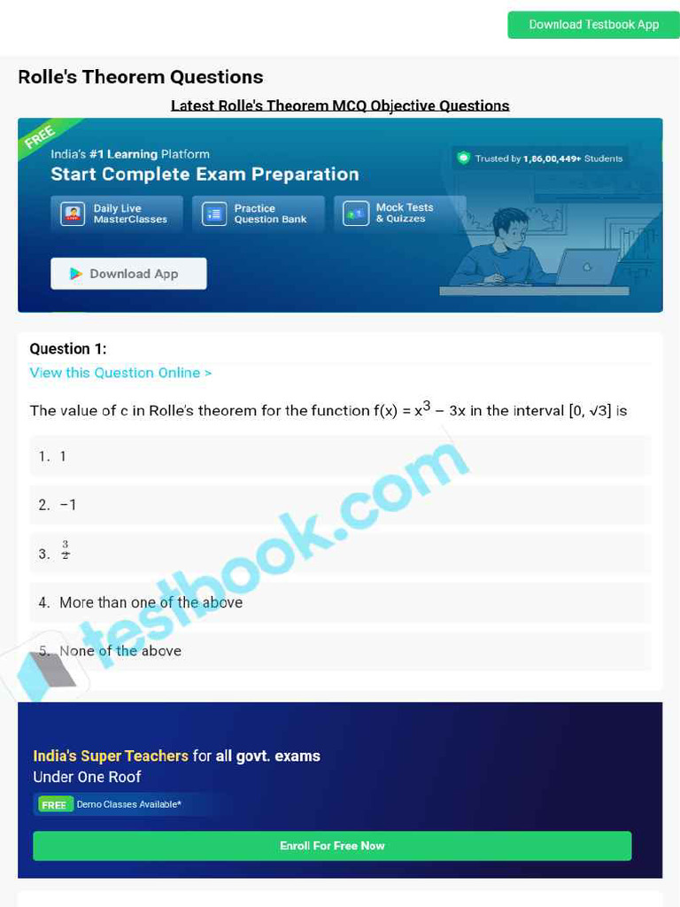 MCQ On Rolles Theorem 5eea6a1439140f30f369f15c | PDF