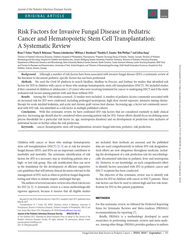 Risk Factors For Invasive Fungal Disease in Pediatric Cancer and ...
