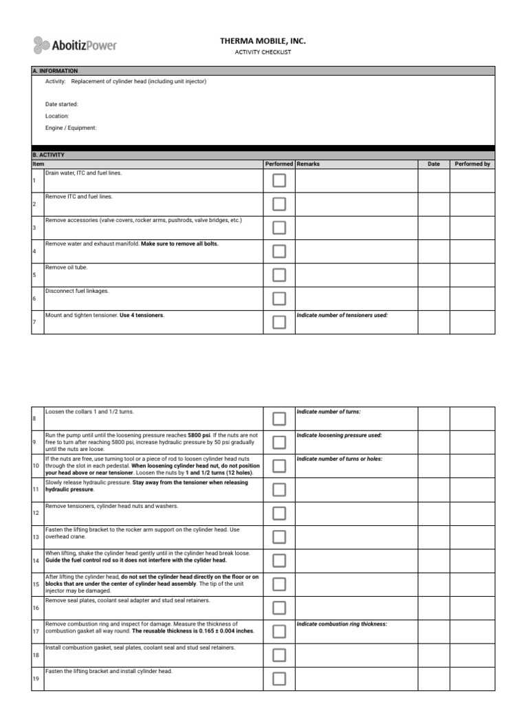 Cylinder Head Replacement Checklist | PDF | Engineering | Mechanical ...