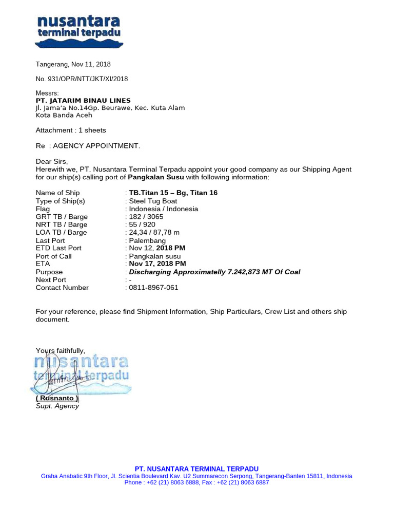931 Agency 1516 Palembang-Pangkalan Susu ETA 17 Nov 18 | PDF | Business ...