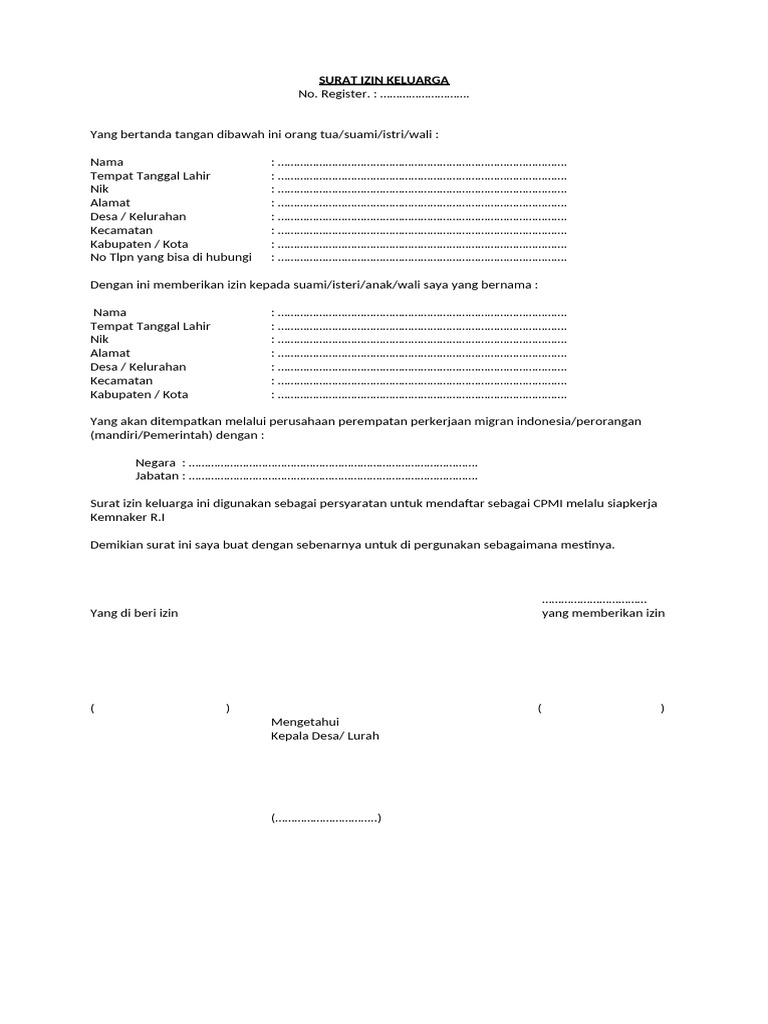 Surat Izin Keluarga untuk CPMI | PDF