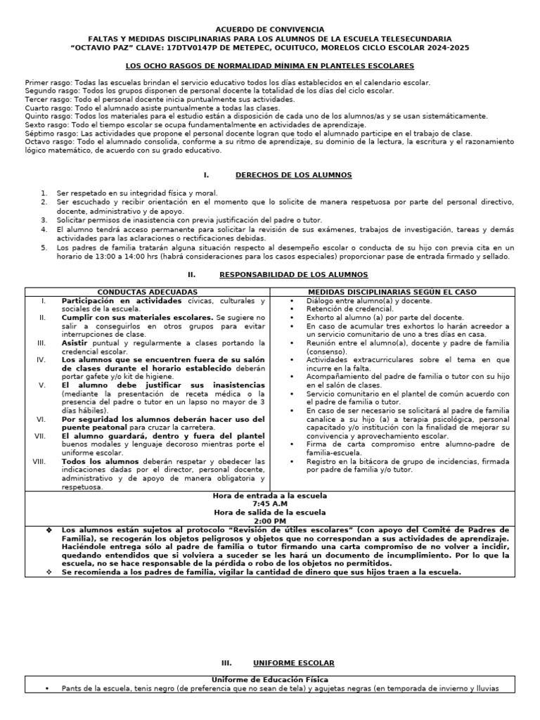 Acuerdo de Convivencia Escolar 2025 | PDF | Escuelas