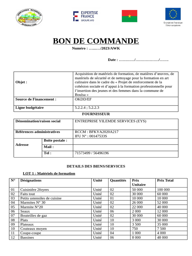 Bon de commande pour formation culinaire | PDF | Cuisine | Nourriture ...