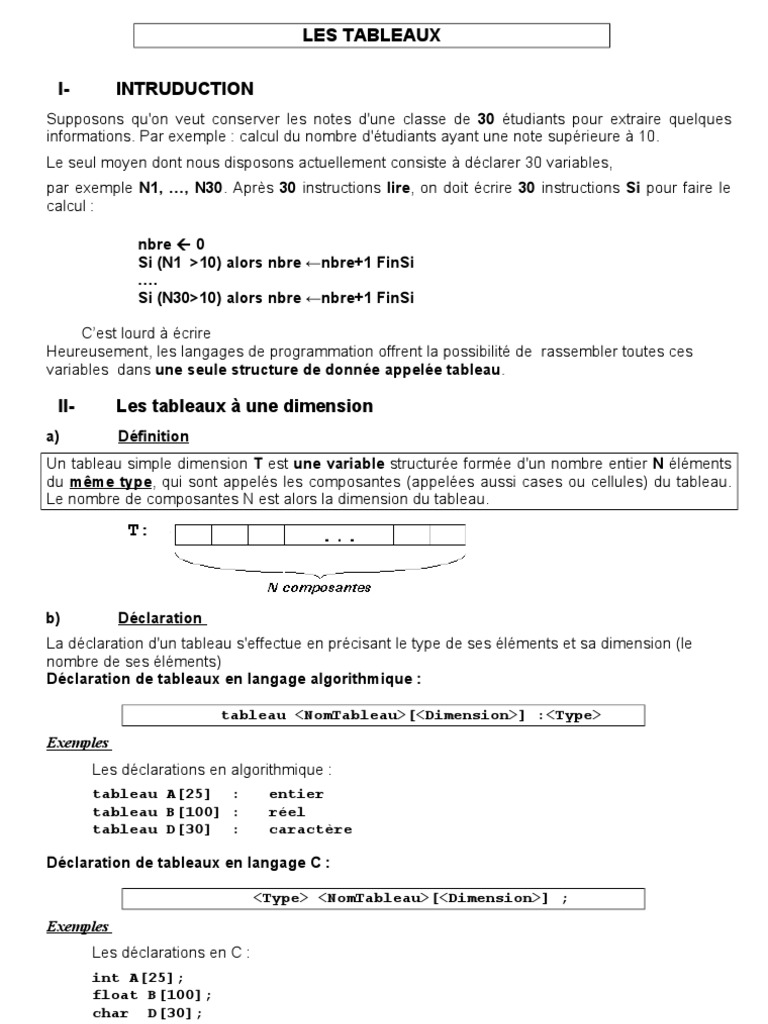 Introduction aux Tableaux en C | PDF | Tableau (structure de données ...