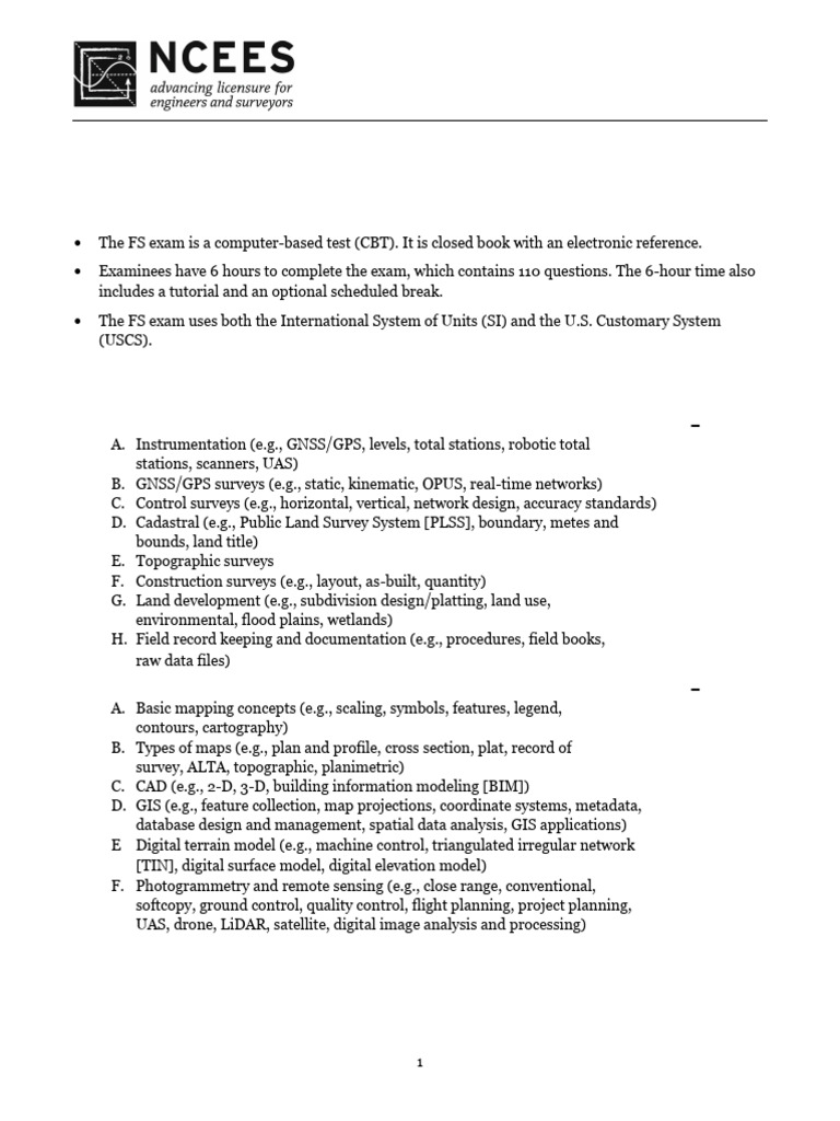 FS Surveying Exam Specifications Guide | PDF | Surveying | Geodesy