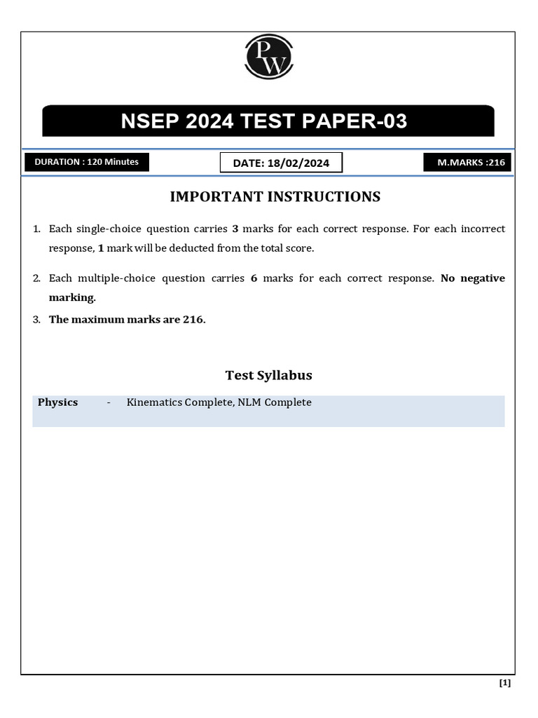 Test 03 - Test Paper (Only PDF) - NSEP Batch 2024 | PDF | Force | Mass