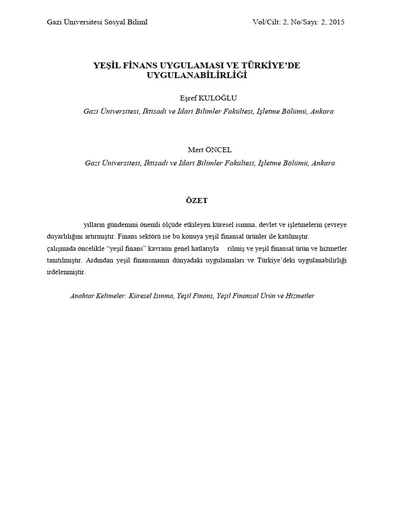 Yeşi̇l Fi̇nans Uygulamasi Ve Türki̇ye'de Uygulanabi̇li̇rli̇ği̇ | PDF