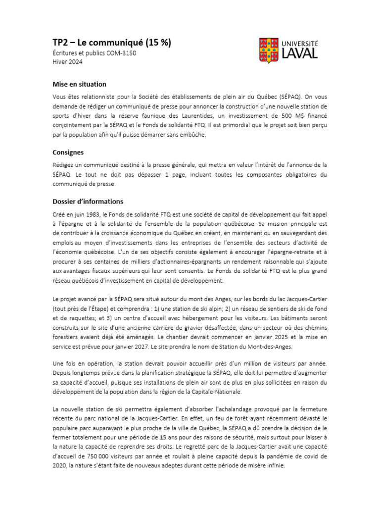 Communiqué SÉPAQ | PDF | Québec