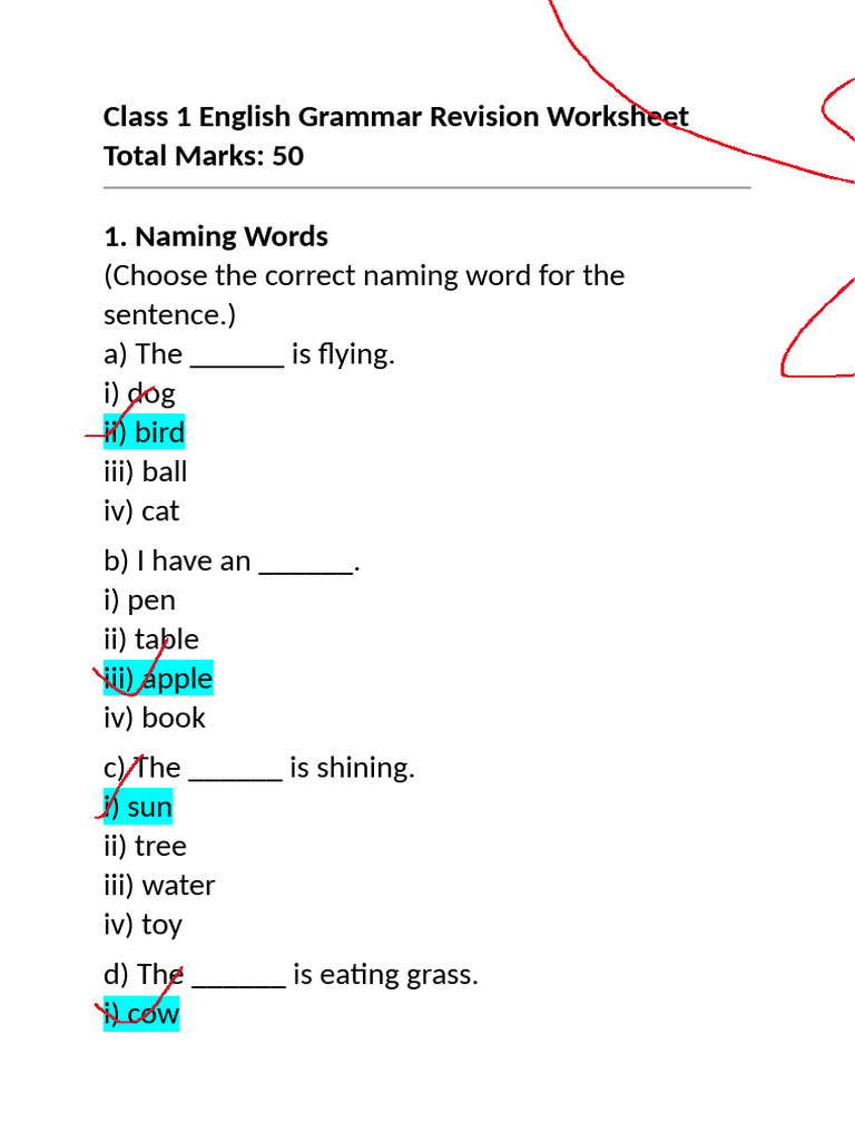 Class 1 English Grammar Revision Worksheet | PDF