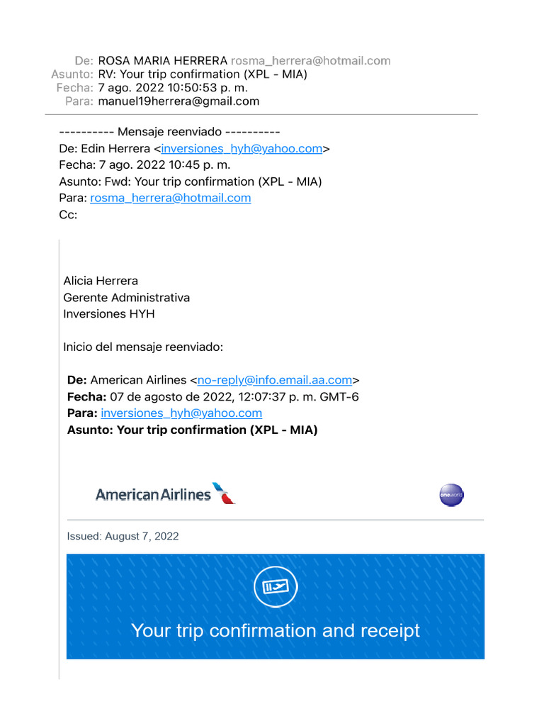 RV Your Trip Confirmation (XPL - MIA) | PDF | Baggage | American Airlines