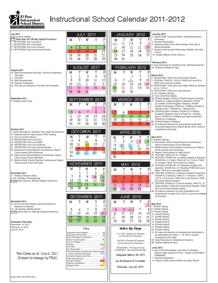 2011-2012 Calendar EPISD | PDF | Standardized Tests | Educational  Institutions